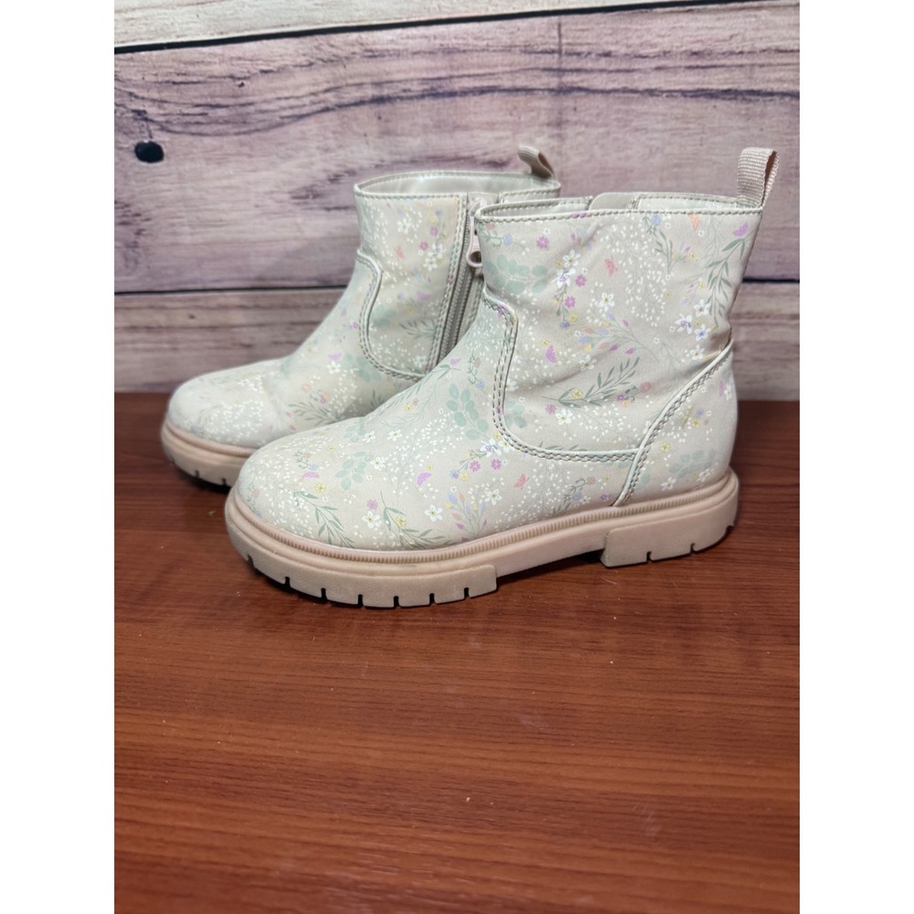 Cat & Jack Girls Floral Ankle Boots Beige Flower Print Lug Sole Size 12